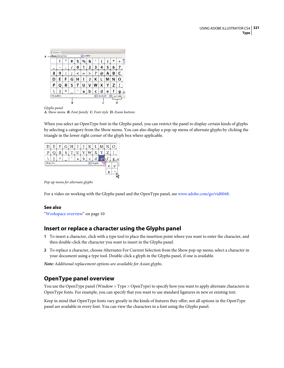 Opentype panel overview | Adobe Illustrator CS4 User Manual | Page 328 / 499