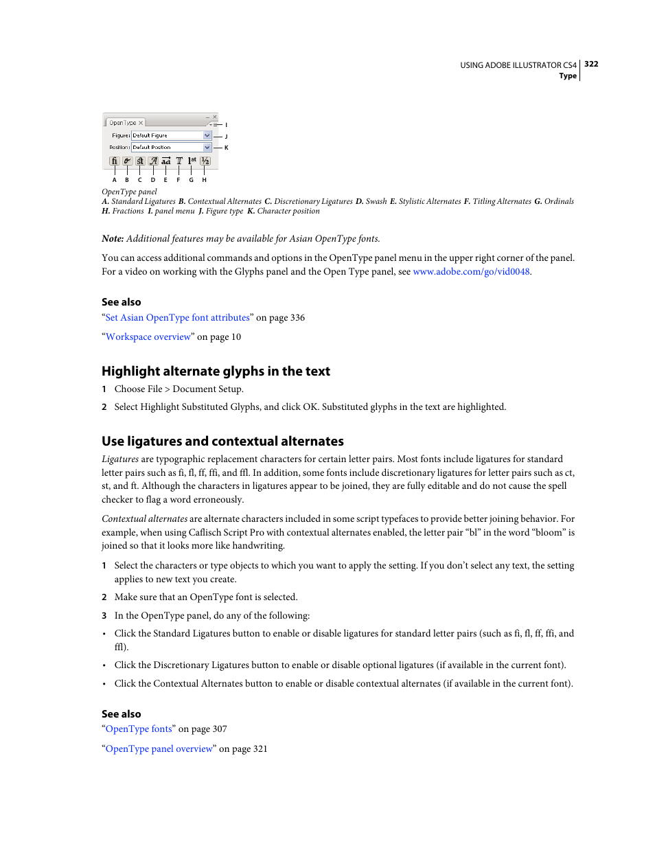 Highlight alternate glyphs in the text, Use ligatures and contextual alternates | Adobe Illustrator CS4 User Manual | Page 329 / 499
