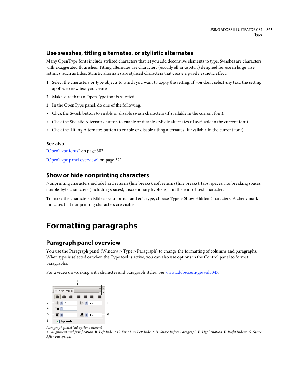 Show or hide nonprinting characters, Formatting paragraphs, Paragraph panel overview | Adobe Illustrator CS4 User Manual | Page 330 / 499