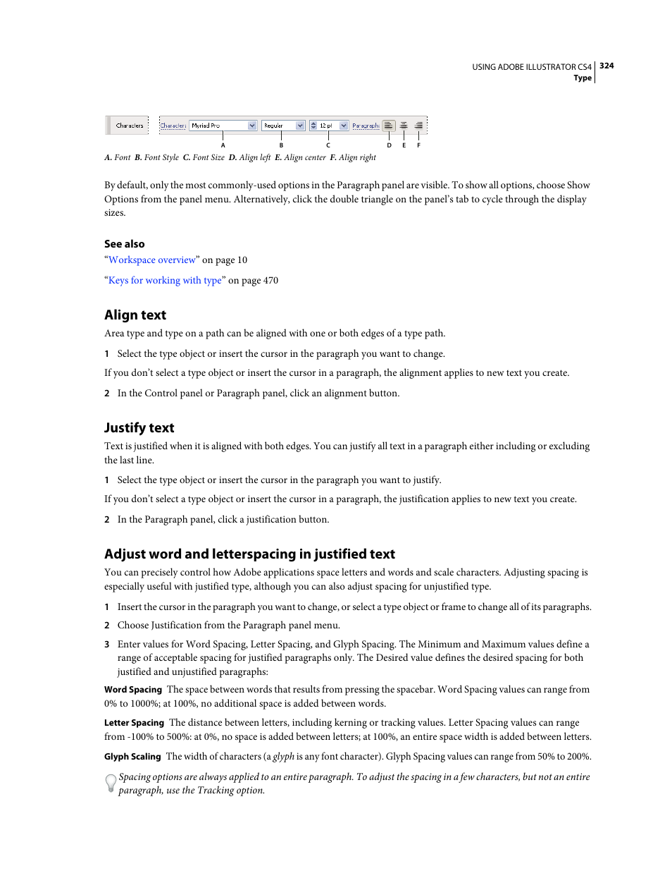 Align text, Justify text, Adjust word and letterspacing in justified text | Adobe Illustrator CS4 User Manual | Page 331 / 499