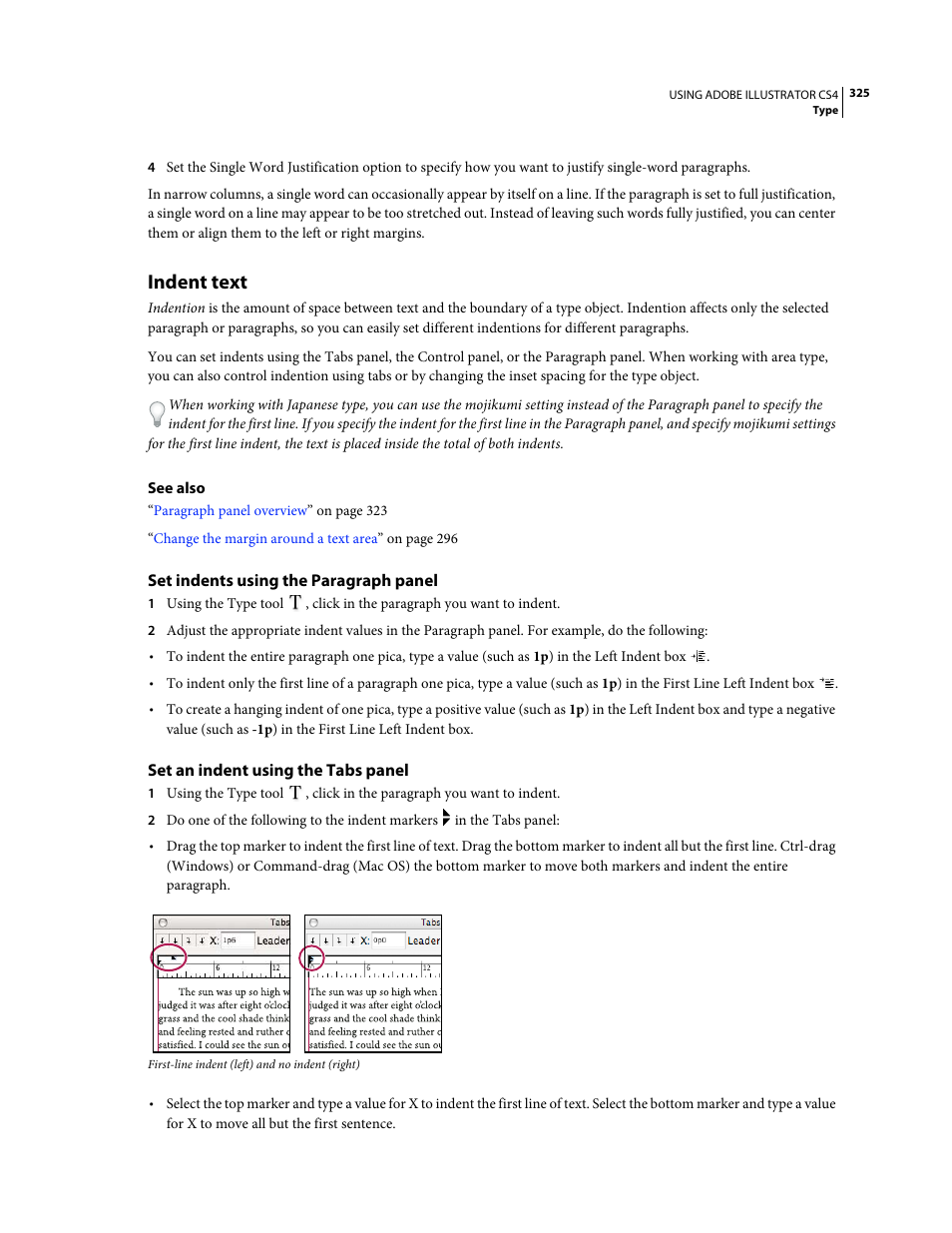 Indent text, Set indents using the paragraph panel, Set an indent using the tabs panel | Adobe Illustrator CS4 User Manual | Page 332 / 499