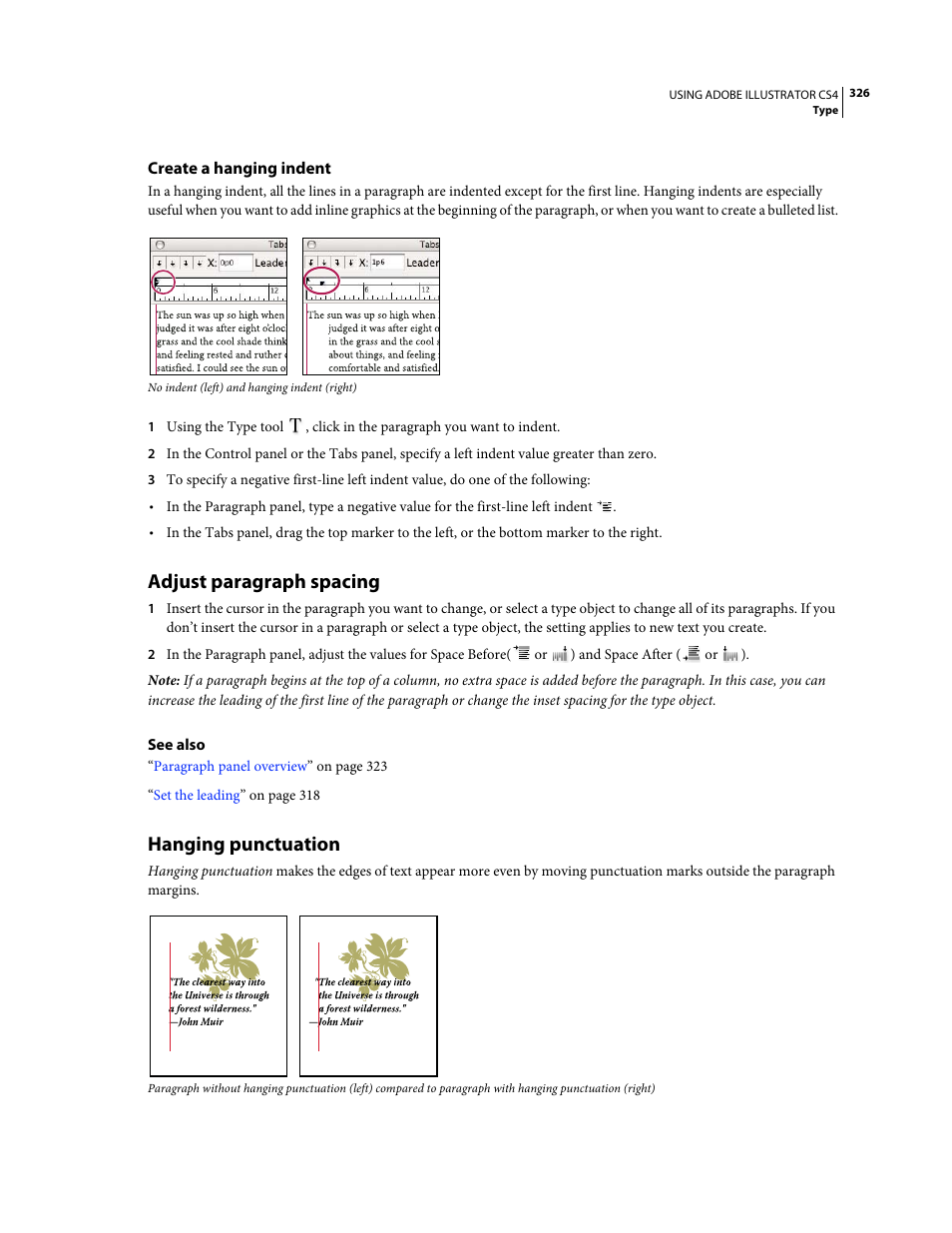 Create a hanging indent, Adjust paragraph spacing, Hanging punctuation | Adobe Illustrator CS4 User Manual | Page 333 / 499