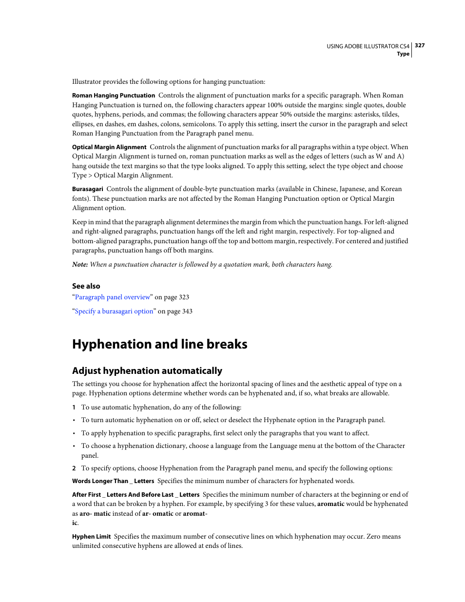 Hyphenation and line breaks, Adjust hyphenation automatically | Adobe Illustrator CS4 User Manual | Page 334 / 499