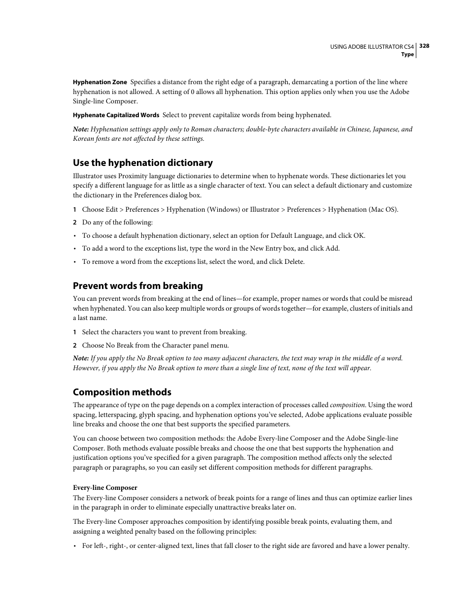 Use the hyphenation dictionary, Prevent words from breaking, Composition methods | Adobe Illustrator CS4 User Manual | Page 335 / 499