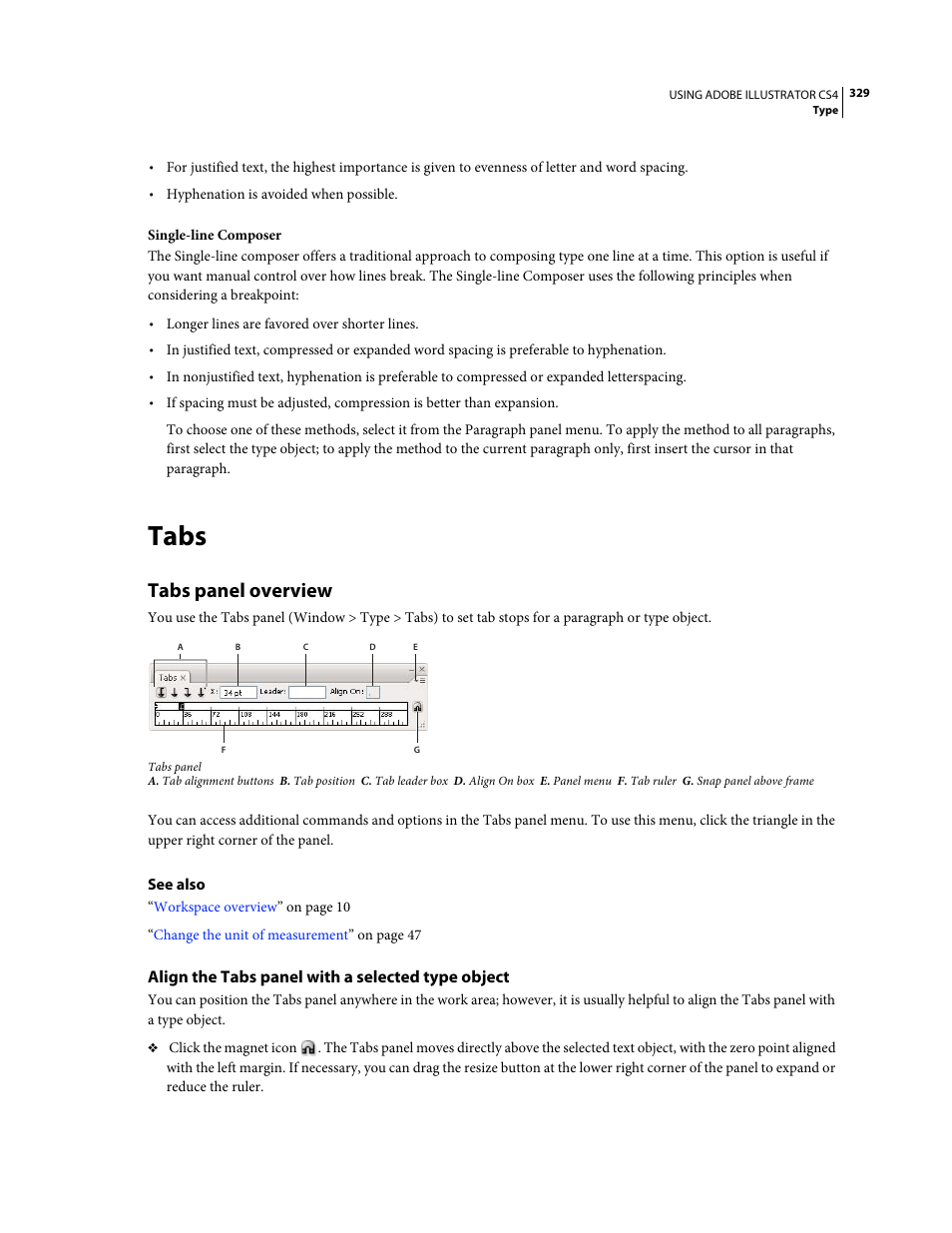 Tabs, Tabs panel overview, Align the tabs panel with a selected type object | Adobe Illustrator CS4 User Manual | Page 336 / 499