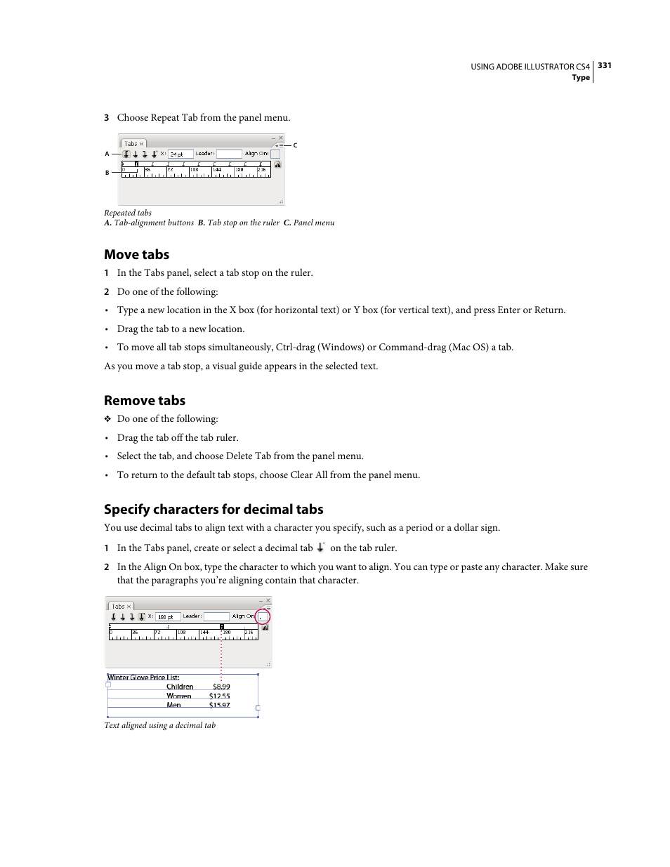 Move tabs, Remove tabs, Specify characters for decimal tabs | Adobe Illustrator CS4 User Manual | Page 338 / 499