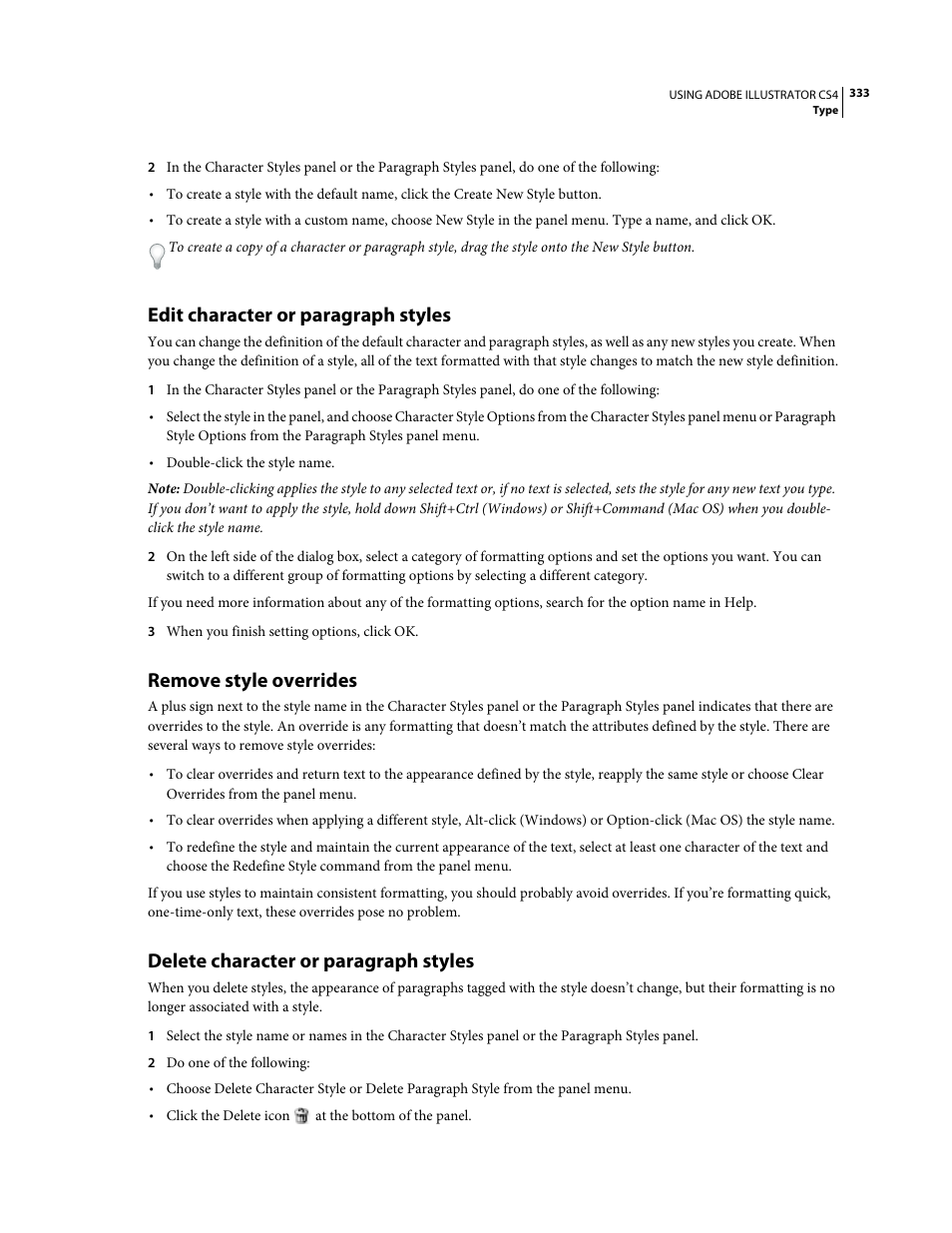 Edit character or paragraph styles, Remove style overrides, Delete character or paragraph styles | Adobe Illustrator CS4 User Manual | Page 340 / 499