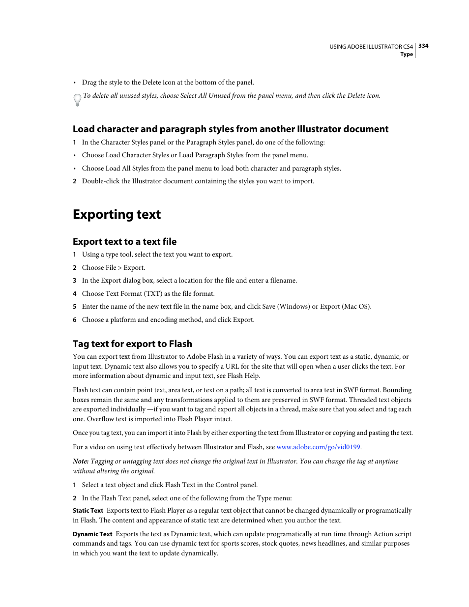 Exporting text, Export text to a text file, Tag text for export to flash | Adobe Illustrator CS4 User Manual | Page 341 / 499