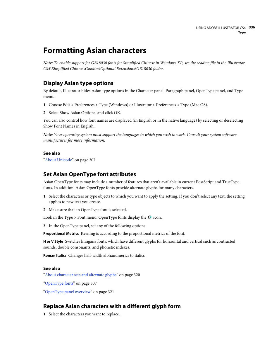 Formatting asian characters, Display asian type options, Set asian opentype font attributes | Adobe Illustrator CS4 User Manual | Page 343 / 499