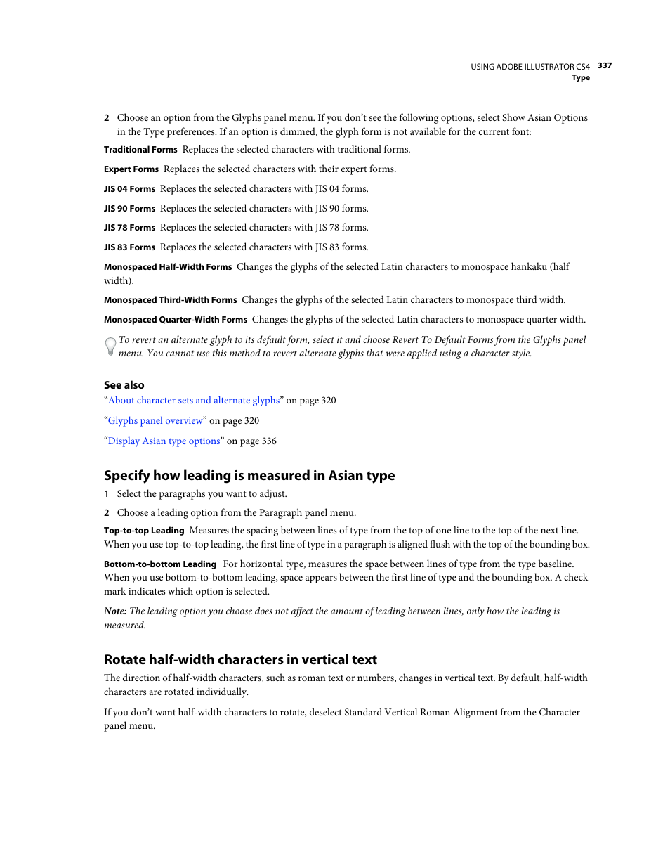 Specify how leading is measured in asian type, Rotate half-width characters in vertical text | Adobe Illustrator CS4 User Manual | Page 344 / 499