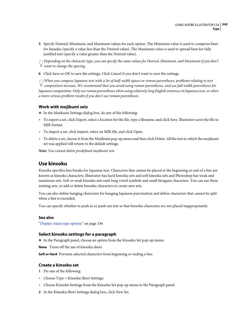 Work with mojikumi sets, Use kinsoku, Select kinsoku settings for a paragraph | Create a kinsoku set | Adobe Illustrator CS4 User Manual | Page 349 / 499