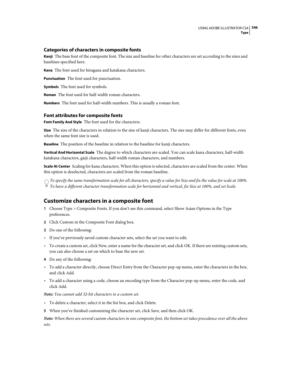 Categories of characters in composite fonts, Font attributes for composite fonts, Customize characters in a composite font | Adobe Illustrator CS4 User Manual | Page 353 / 499