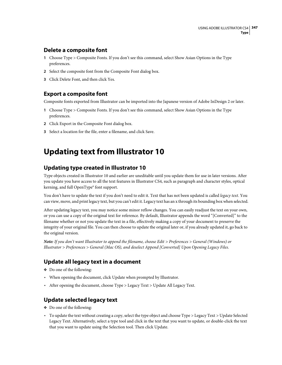 Delete a composite font, Export a composite font, Updating text from illustrator 10 | Updating type created in illustrator 10, Update all legacy text in a document, Update selected legacy text | Adobe Illustrator CS4 User Manual | Page 354 / 499