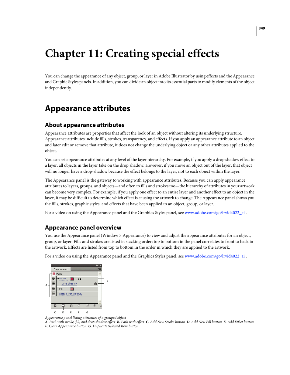 Chapter 11: creating special effects, Appearance attributes, About appearance attributes | Appearance panel overview | Adobe Illustrator CS4 User Manual | Page 356 / 499