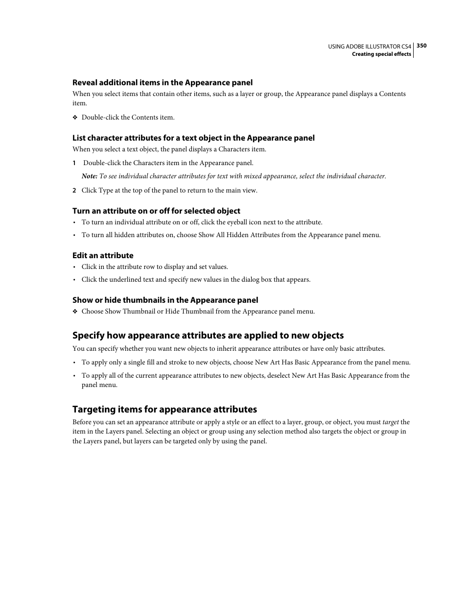 Reveal additional items in the appearance panel, Turn an attribute on or off for selected object, Edit an attribute | Show or hide thumbnails in the appearance panel, Targeting items for appearance attributes | Adobe Illustrator CS4 User Manual | Page 357 / 499