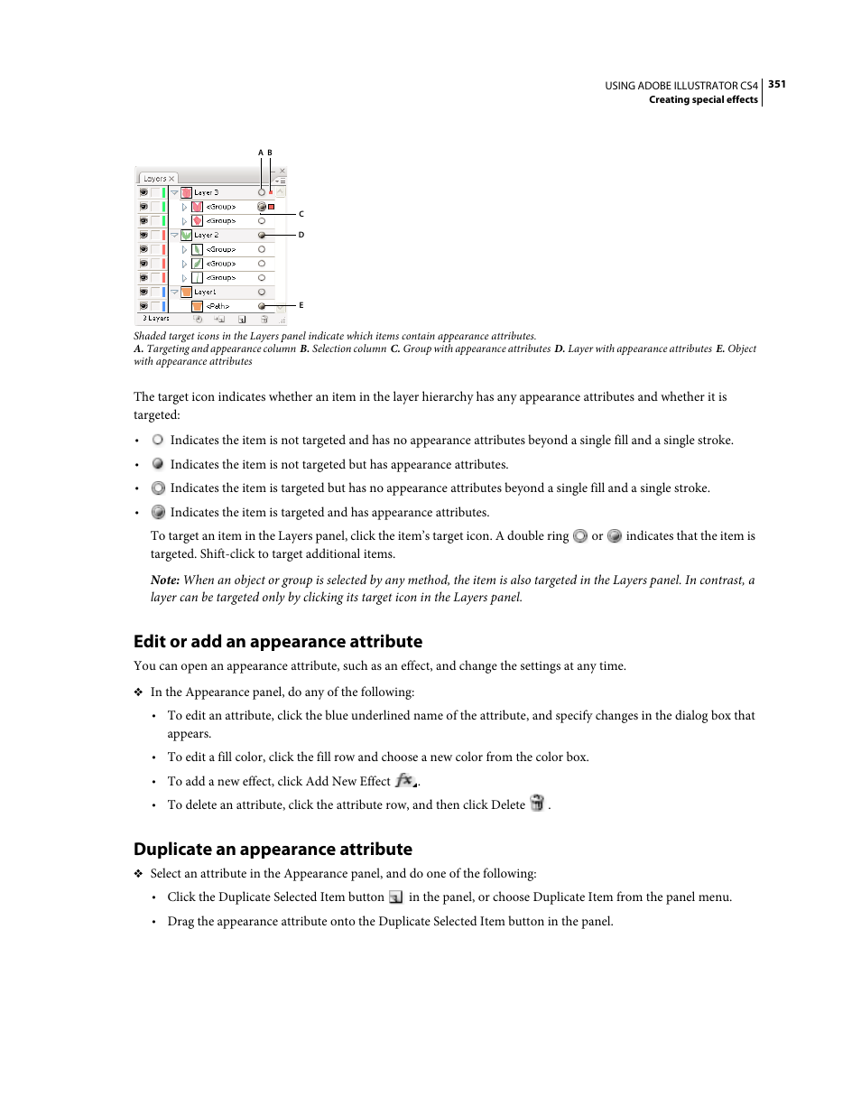 Edit or add an appearance attribute, Duplicate an appearance attribute | Adobe Illustrator CS4 User Manual | Page 358 / 499