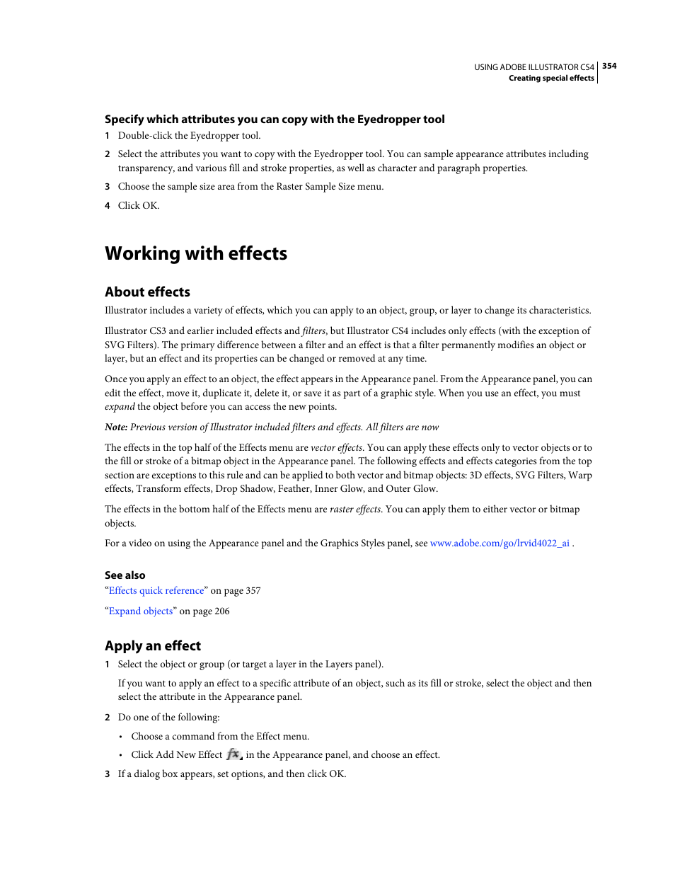 Working with effects, About effects, Apply an effect | Adobe Illustrator CS4 User Manual | Page 361 / 499