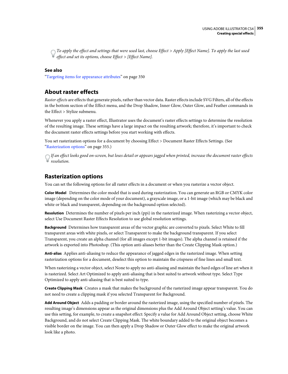 About raster effects, Rasterization options | Adobe Illustrator CS4 User Manual | Page 362 / 499