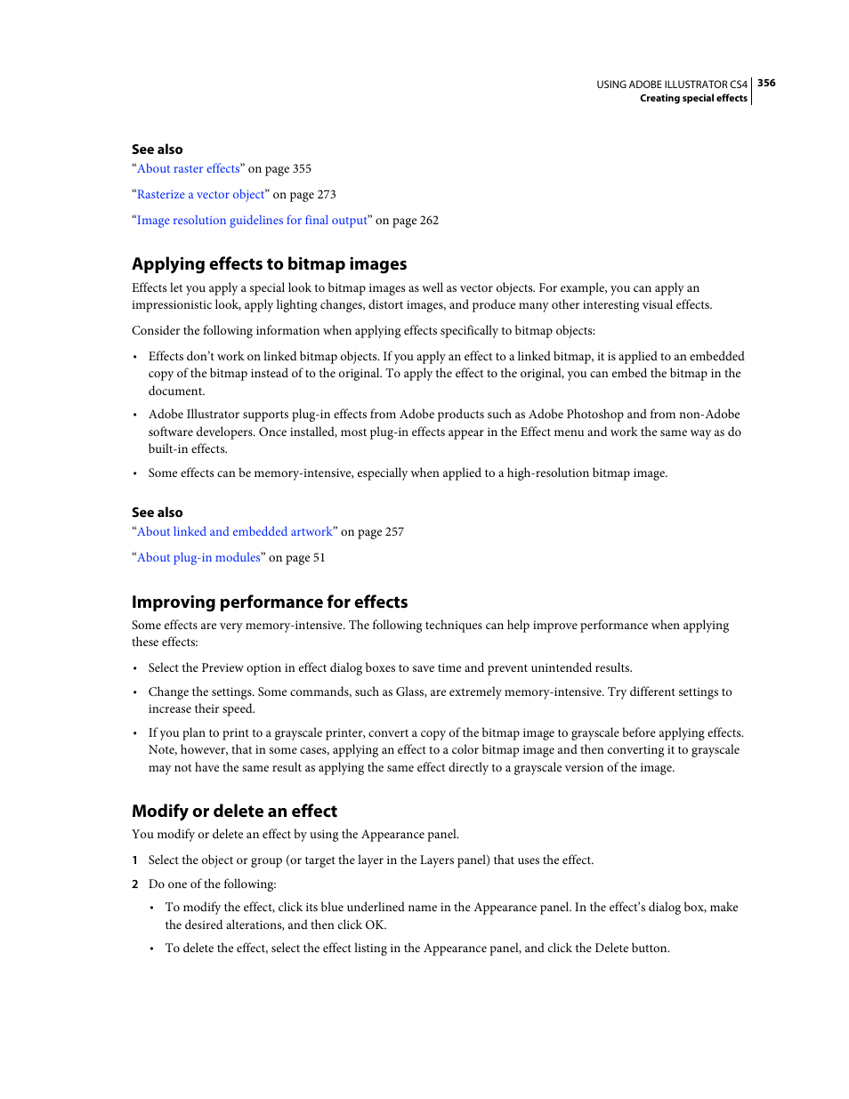 Applying effects to bitmap images, Improving performance for effects, Modify or delete an effect | Adobe Illustrator CS4 User Manual | Page 363 / 499