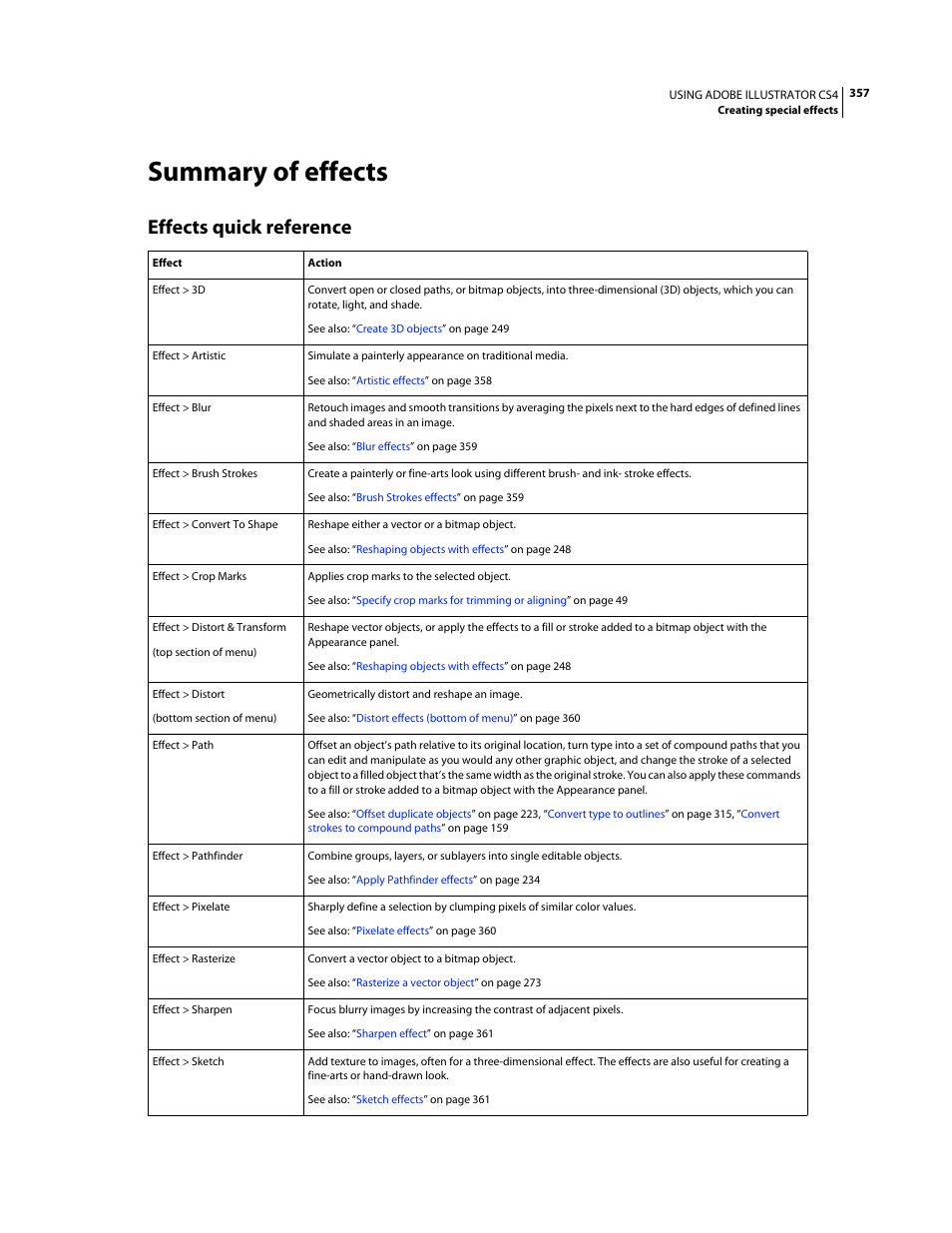Summary of effects, Effects quick reference | Adobe Illustrator CS4 User Manual | Page 364 / 499
