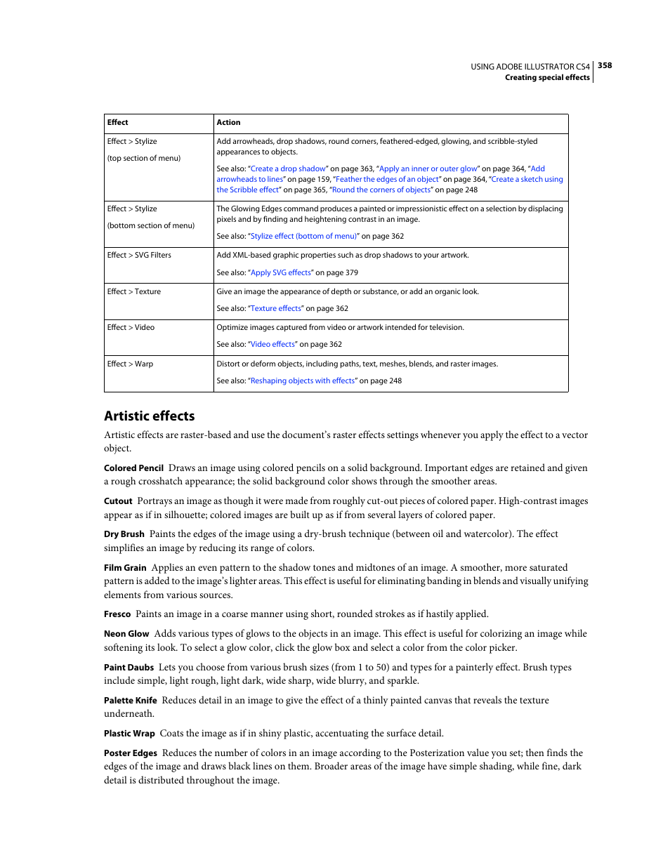 Artistic effects, See also | Adobe Illustrator CS4 User Manual | Page 365 / 499