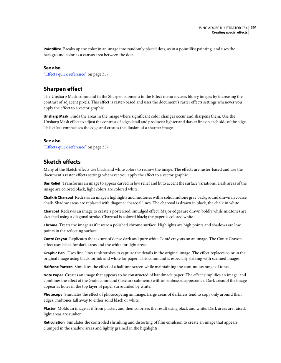 Sharpen effect, Sketch effects, See also | Adobe Illustrator CS4 User Manual | Page 368 / 499