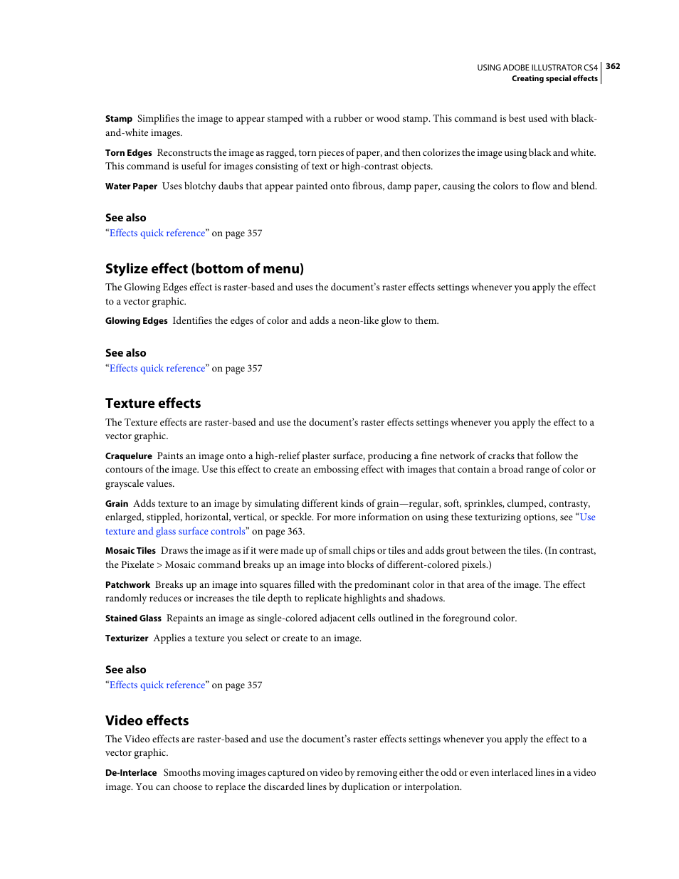 Stylize effect (bottom of menu), Texture effects, Video effects | See also | Adobe Illustrator CS4 User Manual | Page 369 / 499