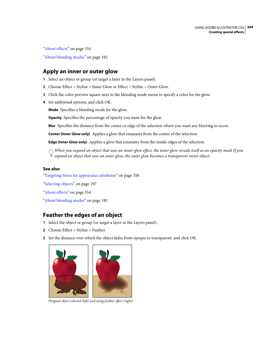 Apply an inner or outer glow, Feather the edges of an object | Adobe Illustrator CS4 User Manual | Page 371 / 499