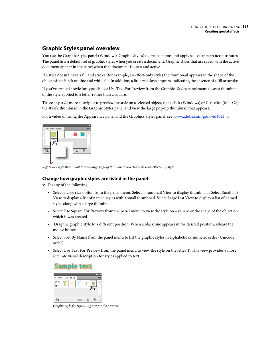 Graphic styles panel overview, Change how graphic styles are listed in the panel | Adobe Illustrator CS4 User Manual | Page 374 / 499