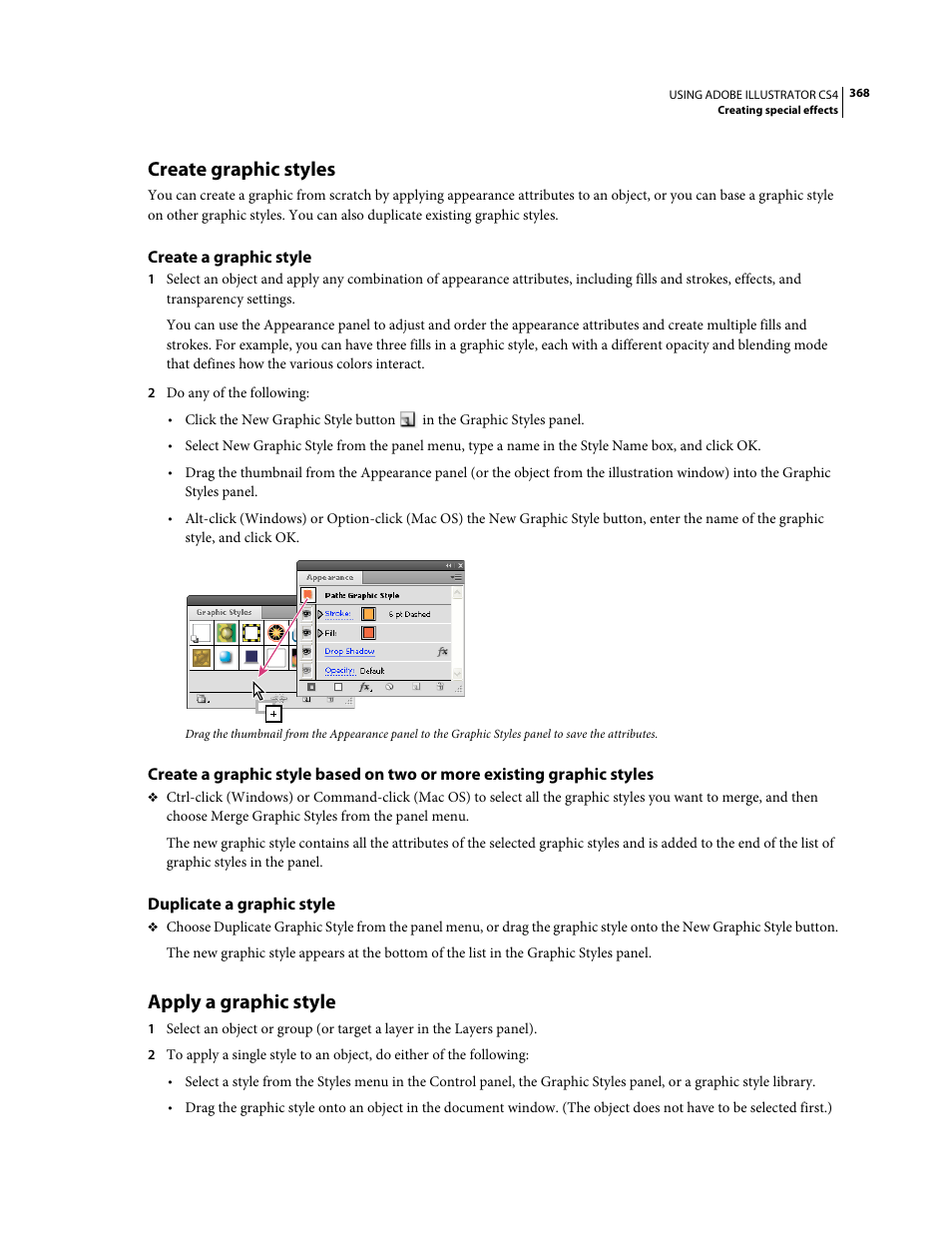 Create graphic styles, Create a graphic style, Duplicate a graphic style | Apply a graphic style | Adobe Illustrator CS4 User Manual | Page 375 / 499