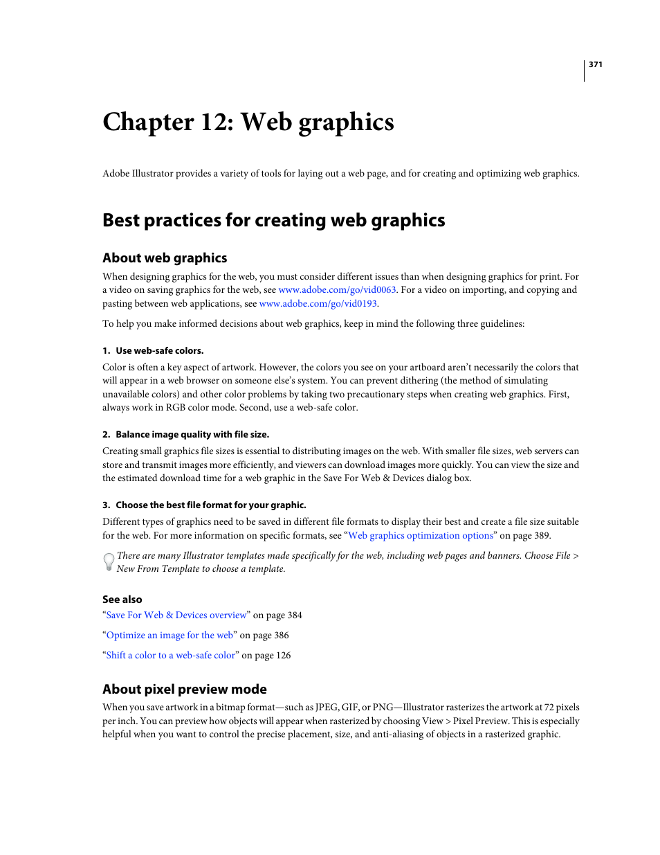 Chapter 12: web graphics, Best practices for creating web graphics, About web graphics | About pixel preview mode | Adobe Illustrator CS4 User Manual | Page 378 / 499