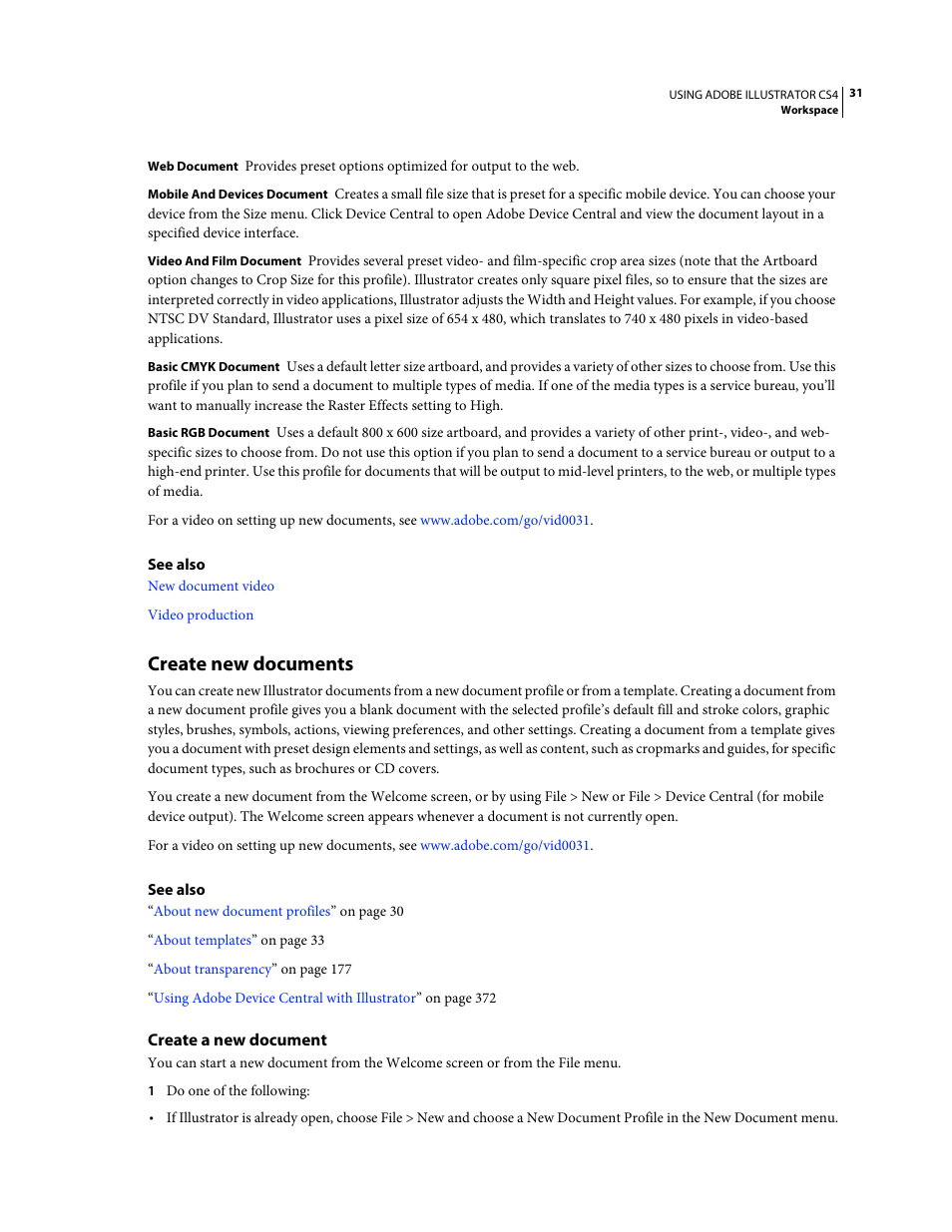 Create new documents, Create a new document | Adobe Illustrator CS4 User Manual | Page 38 / 499