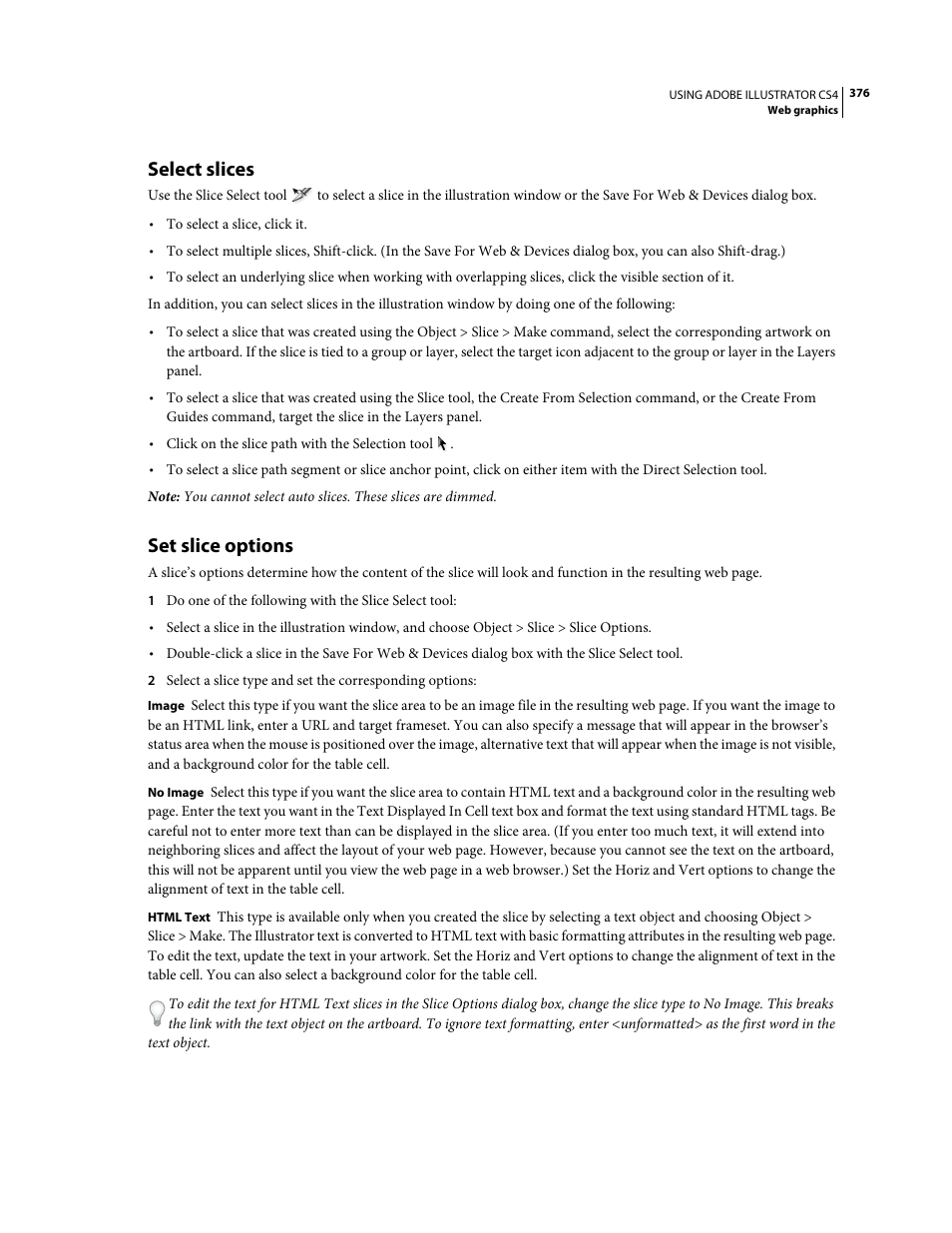 Select slices, Set slice options | Adobe Illustrator CS4 User Manual | Page 383 / 499