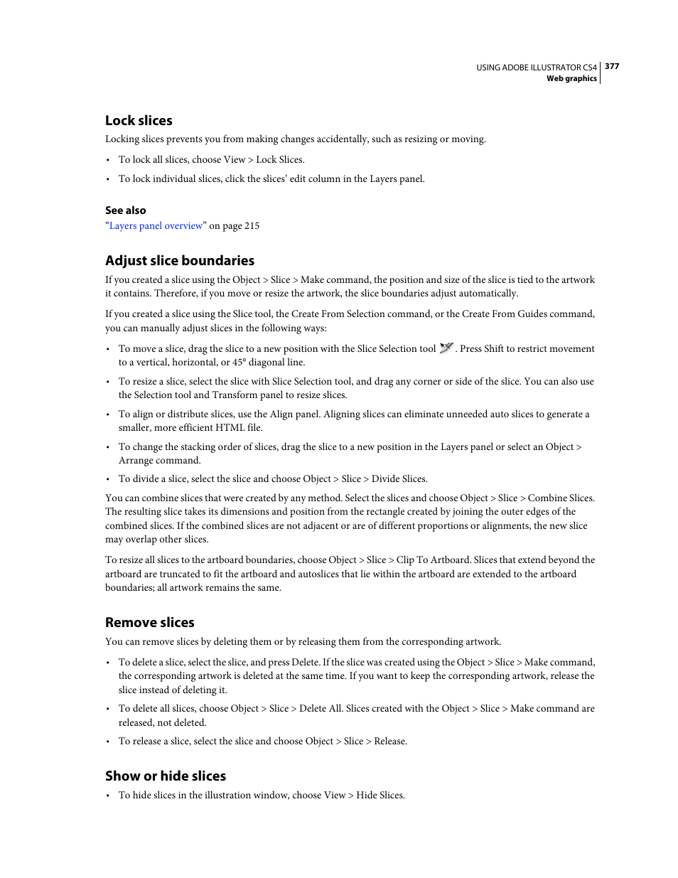 Lock slices, Adjust slice boundaries, Remove slices | Show or hide slices | Adobe Illustrator CS4 User Manual | Page 384 / 499