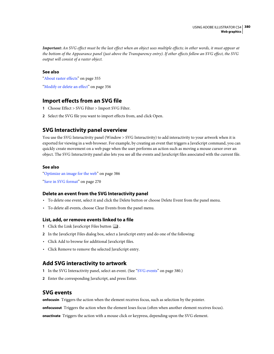 Import effects from an svg file, Svg interactivity panel overview, Delete an event from the svg interactivity panel | List, add, or remove events linked to a file, Add svg interactivity to artwork, Svg events | Adobe Illustrator CS4 User Manual | Page 387 / 499