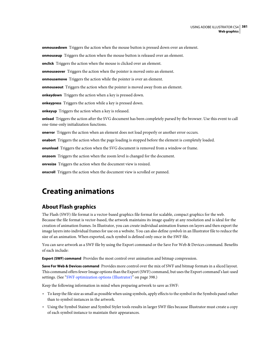 Creating animations, About flash graphics | Adobe Illustrator CS4 User Manual | Page 388 / 499