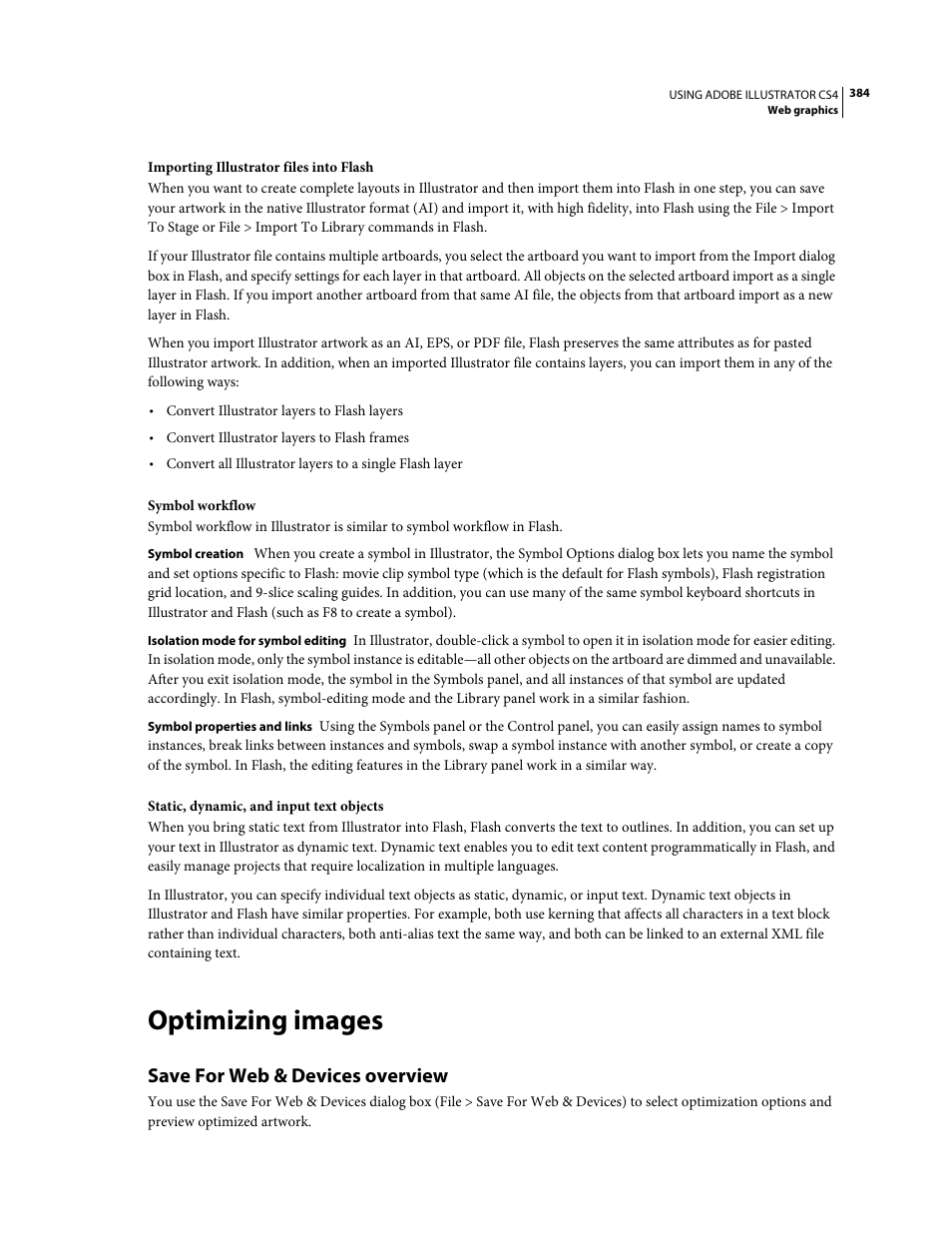 Optimizing images, Save for web & devices overview | Adobe Illustrator CS4 User Manual | Page 391 / 499