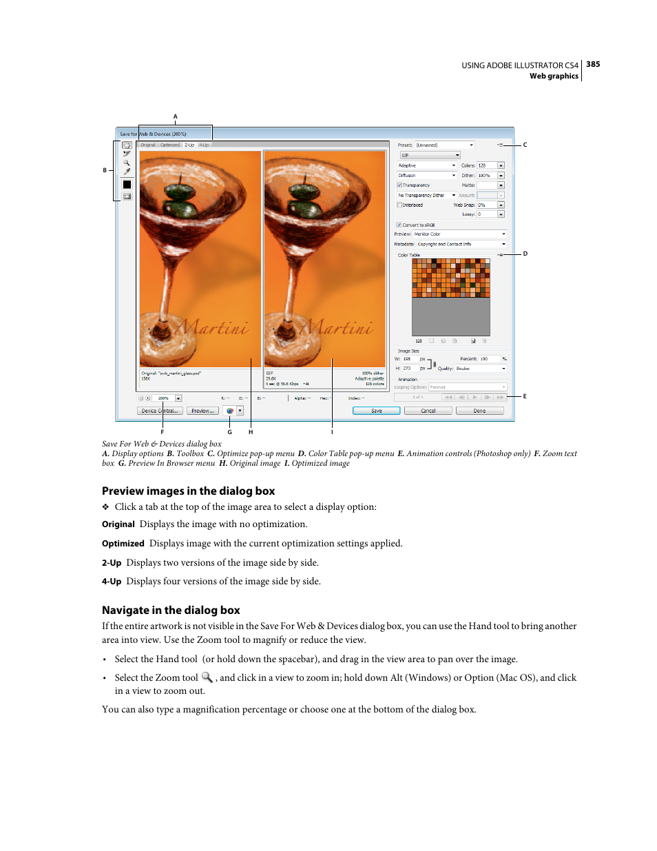 Preview images in the dialog box, Navigate in the dialog box | Adobe Illustrator CS4 User Manual | Page 392 / 499