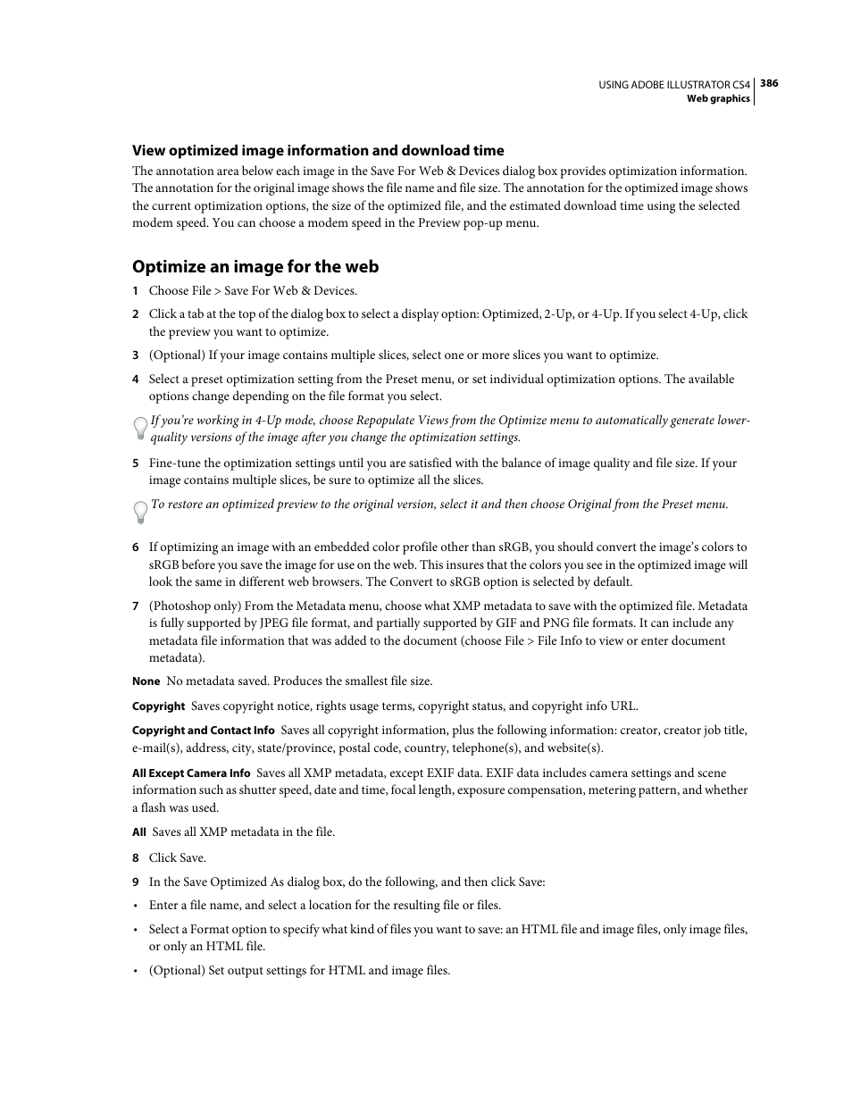 View optimized image information and download time, Optimize an image for the web | Adobe Illustrator CS4 User Manual | Page 393 / 499