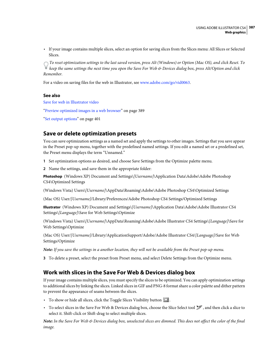 Save or delete optimization presets | Adobe Illustrator CS4 User Manual | Page 394 / 499