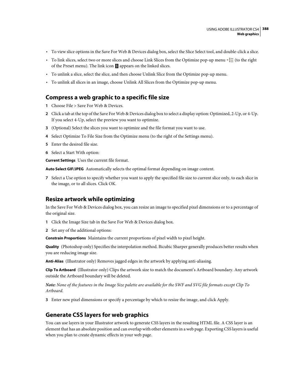 Compress a web graphic to a specific file size, Resize artwork while optimizing, Generate css layers for web graphics | Adobe Illustrator CS4 User Manual | Page 395 / 499