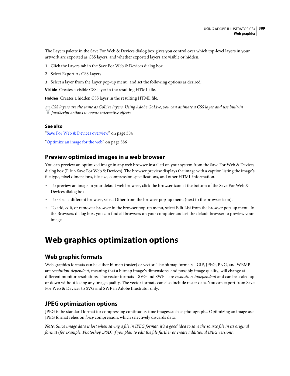 Preview optimized images in a web browser, Web graphics optimization options, Web graphic formats | Jpeg optimization options | Adobe Illustrator CS4 User Manual | Page 396 / 499