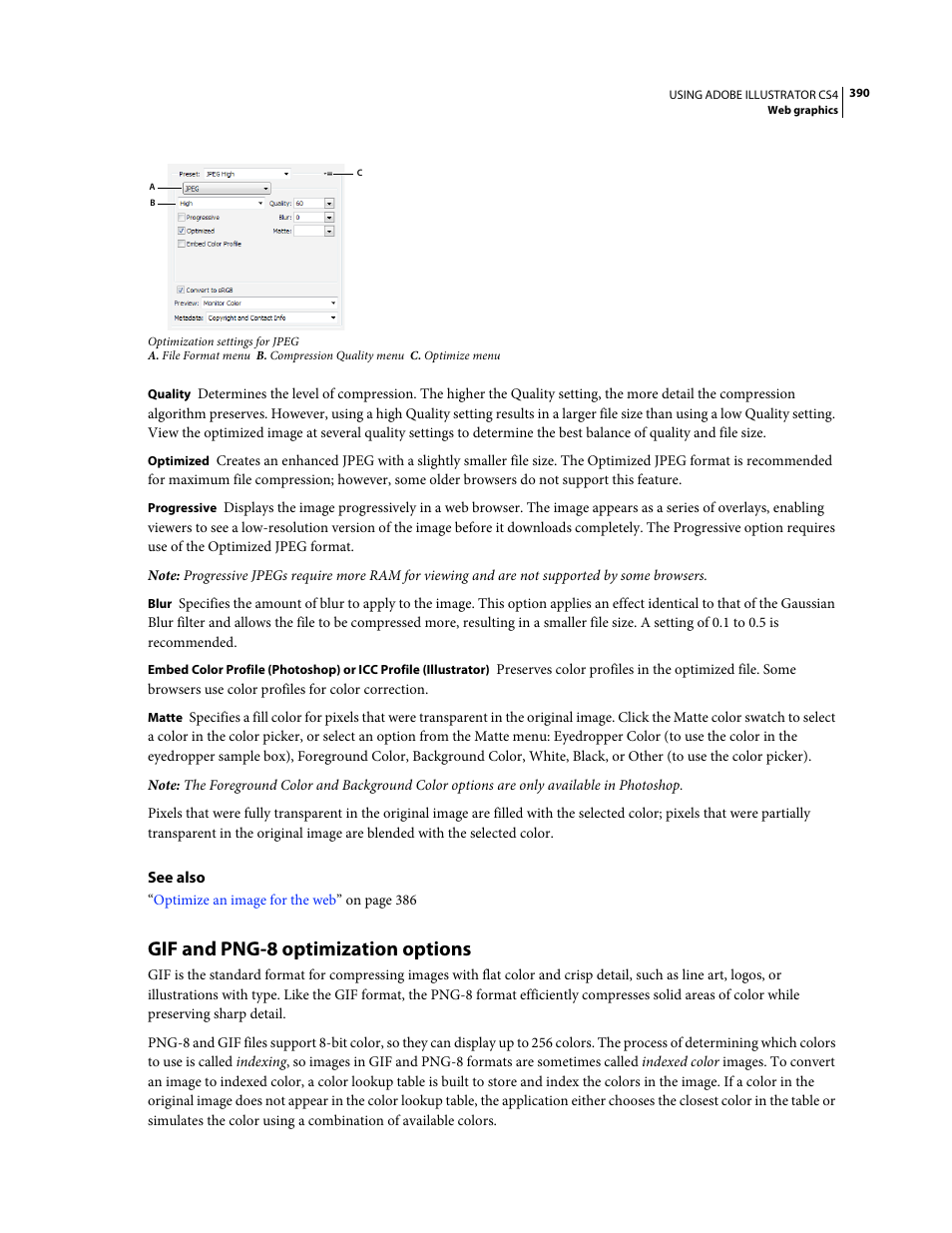 Gif and png-8 optimization options | Adobe Illustrator CS4 User Manual | Page 397 / 499