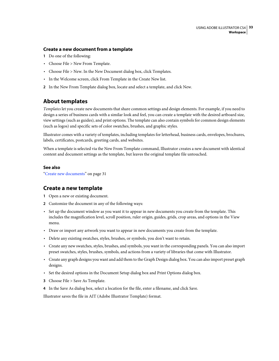 Create a new document from a template, About templates, Create a new template | Adobe Illustrator CS4 User Manual | Page 40 / 499