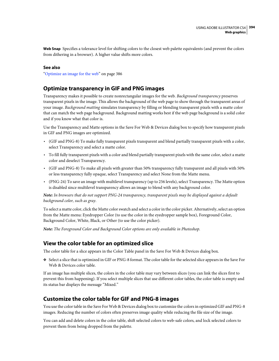 Optimize transparency in gif and png images, View the color table for an optimized slice, Customize the color table for gif and png-8 images | Adobe Illustrator CS4 User Manual | Page 401 / 499