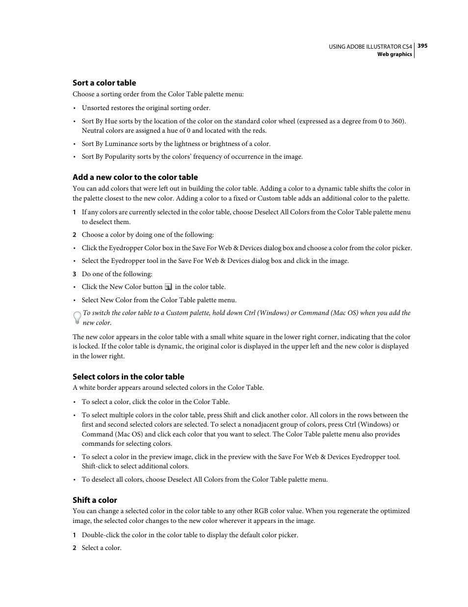 Sort a color table, Add a new color to the color table, Select colors in the color table | Shift a color | Adobe Illustrator CS4 User Manual | Page 402 / 499