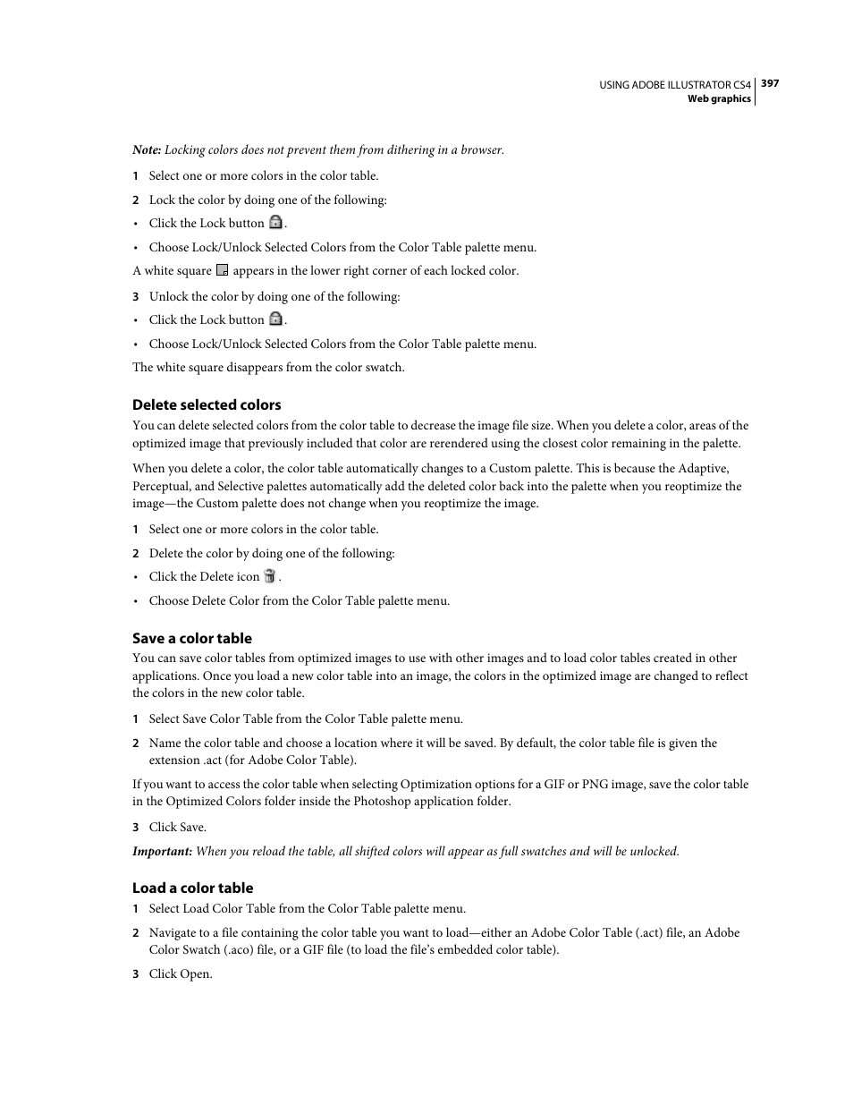 Delete selected colors, Save a color table, Load a color table | Adobe Illustrator CS4 User Manual | Page 404 / 499