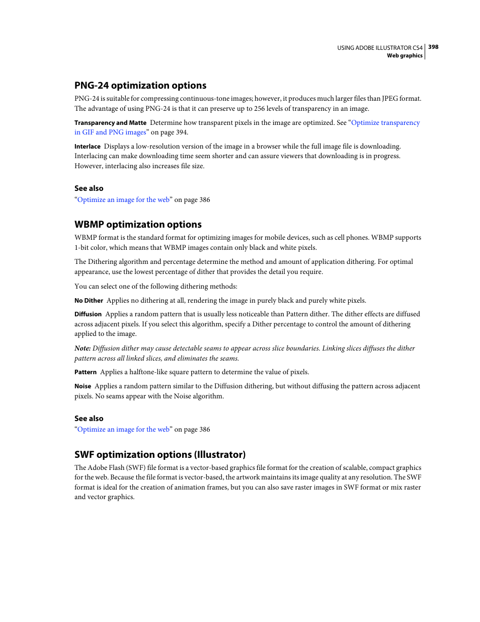 Png-24 optimization options, Wbmp optimization options, Swf optimization options (illustrator) | Adobe Illustrator CS4 User Manual | Page 405 / 499