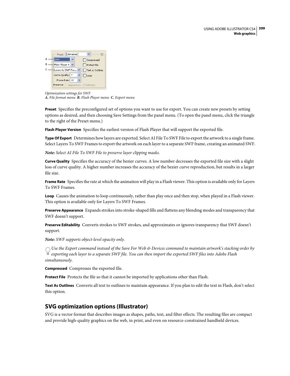 Svg optimization options (illustrator) | Adobe Illustrator CS4 User Manual | Page 406 / 499