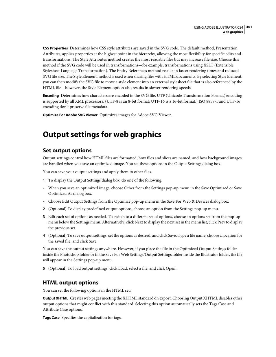 Output settings for web graphics, Set output options, Html output options | Adobe Illustrator CS4 User Manual | Page 408 / 499